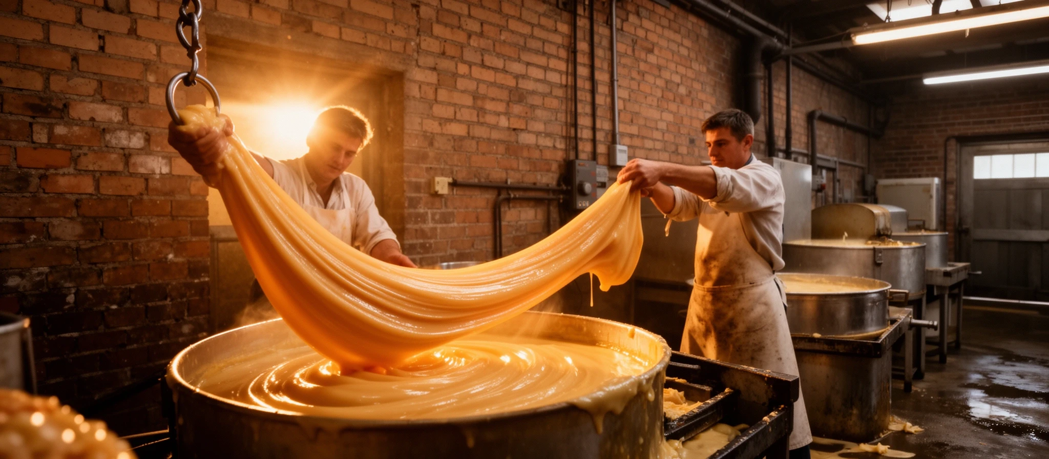 Candy maker pulling a long rope of taffy