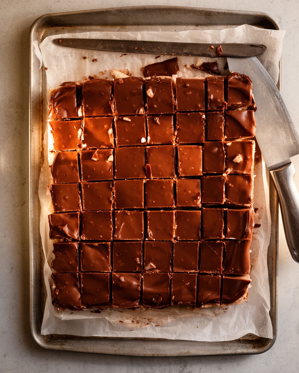 Tray of pre-cut chocolate fudge squares