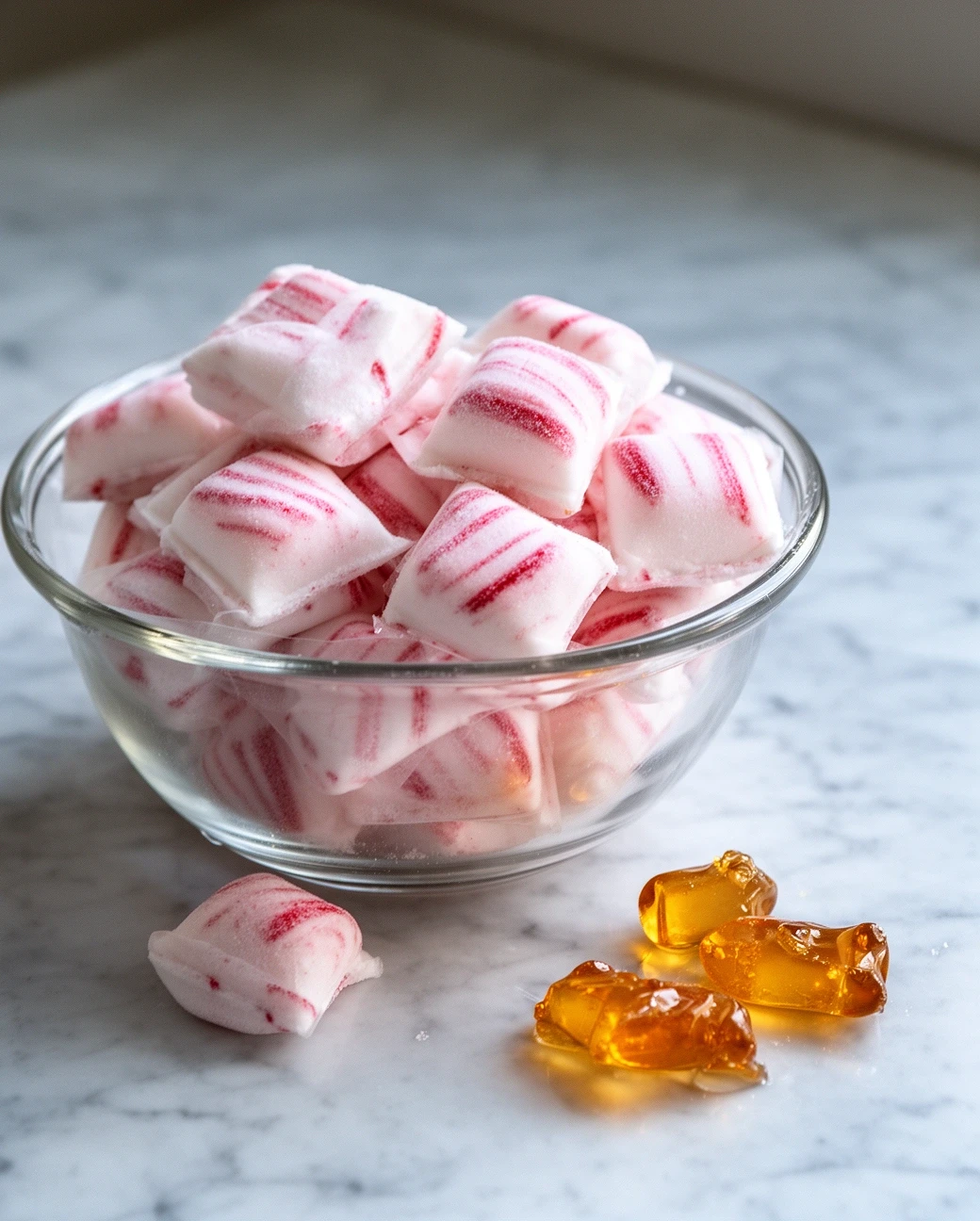 Peppermint pillows and amber drops in a glass bowl