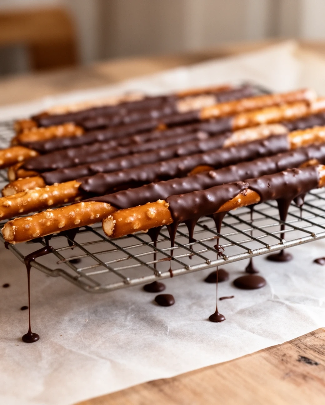 Chocolate-covered pretzel rods on parchment paper
