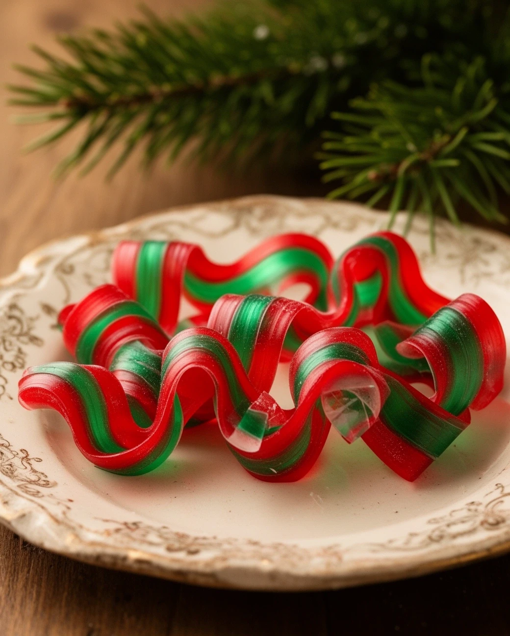 Wavy red and green ribbon candy on a plate