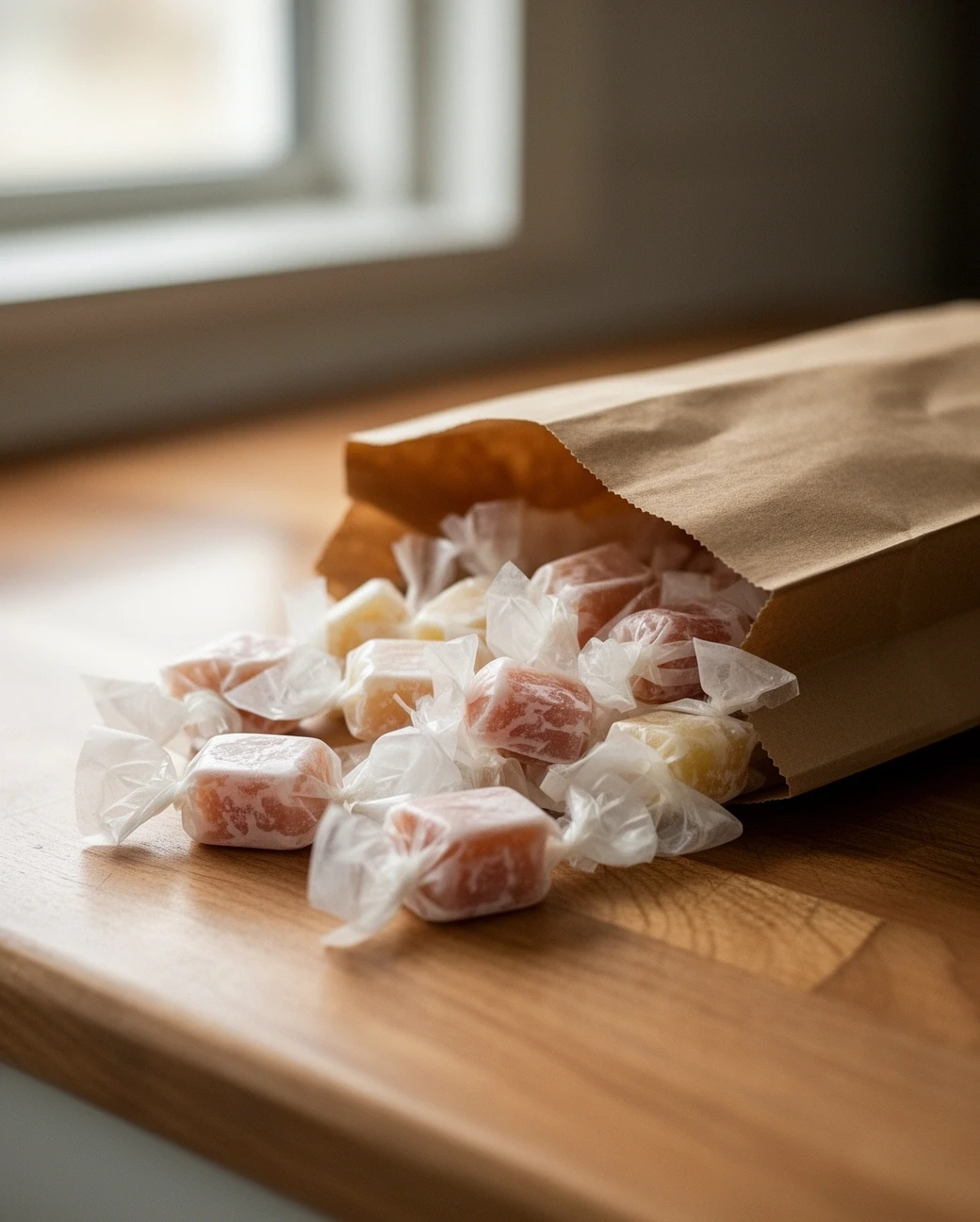 Wax paper wrapped saltwater taffy spilling from a paper bag