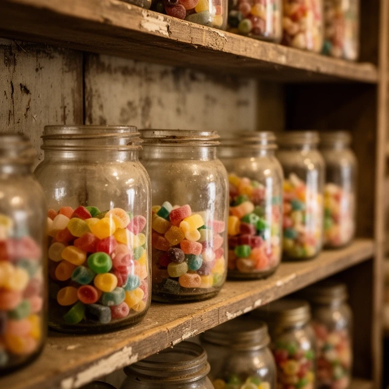 Glass jars of mixed candy on wooden shelves