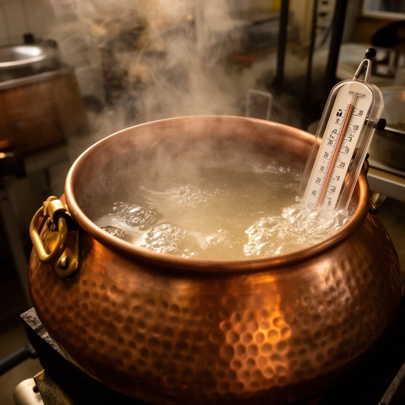 Sugar syrup boiling in a copper kettle