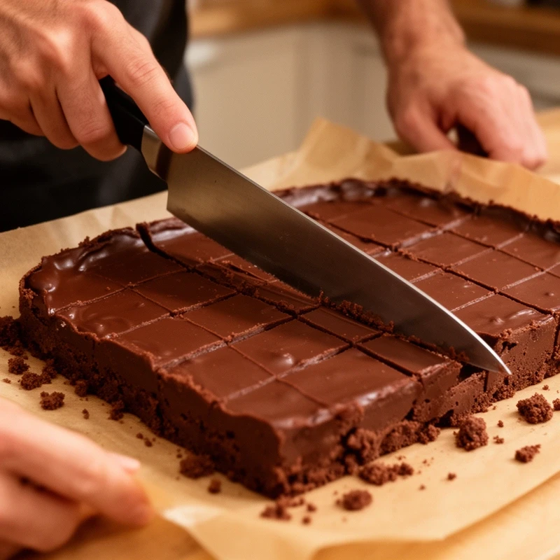 Fudge slab being cut into squares