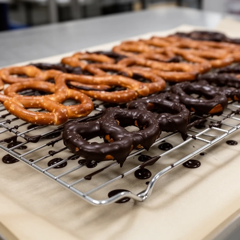 Pretzels drying after a chocolate dip
