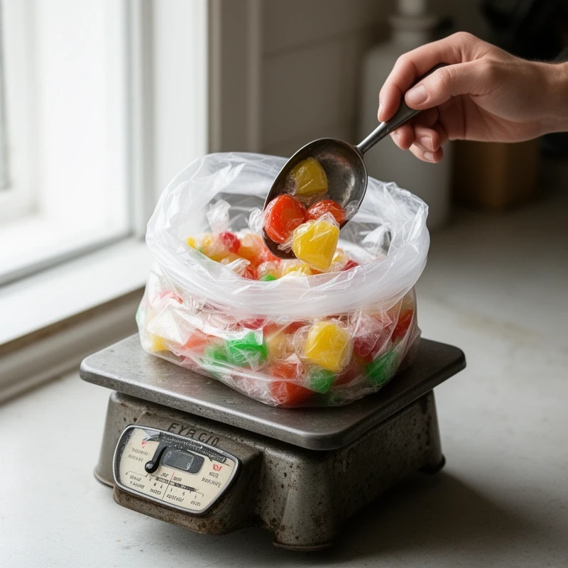 Candy weighed into a bag on a scale