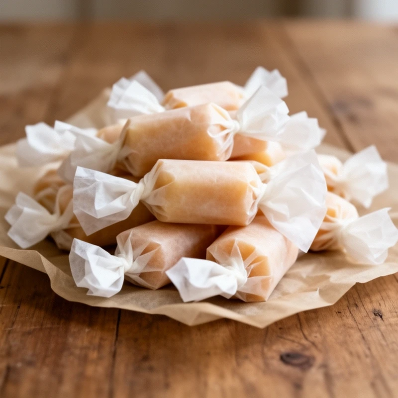 Pile of wax paper wrapped taffy pieces