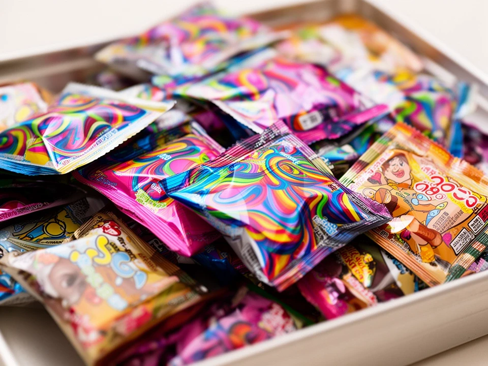 Taffy in glossy full-color printed wrappers