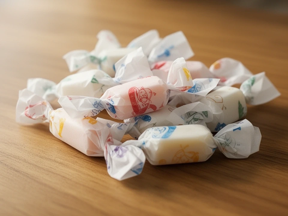 Taffy in white wax paper with one-color print